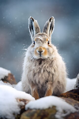 Obraz premium Winter Wonderland: Close-Up of Mountain Hare in Snow, generative ai