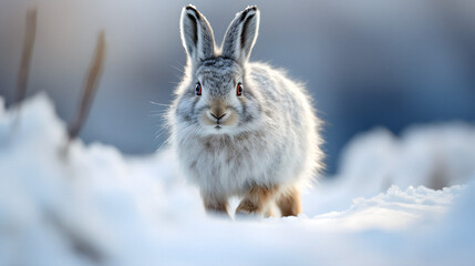 Obraz premium Winter Wonderland: Close-Up of Mountain Hare in Snow, generative ai