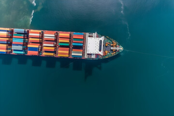aerial top view container ship in the pier with crane bridge carries and physical system icons out export and import business in the open sea logistics and transportation banner panorama