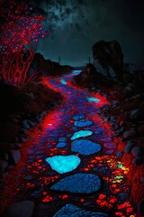 fluorescent neon stone pathway lighting the darkness in a colorful way | Generative AI