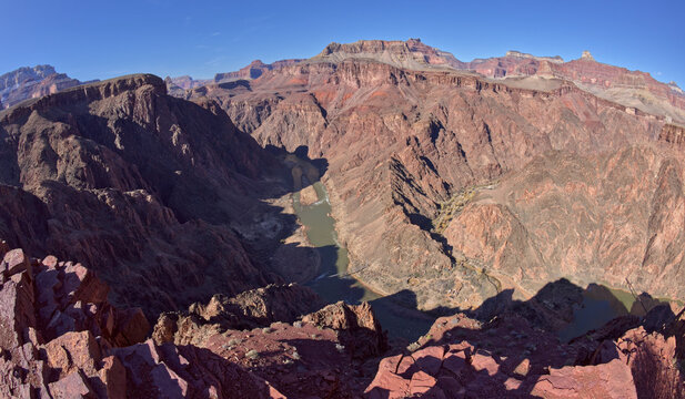 An overlook along South Kaibab Trail in Grand Canyon Arizona that looks down at Phantom Ranch.