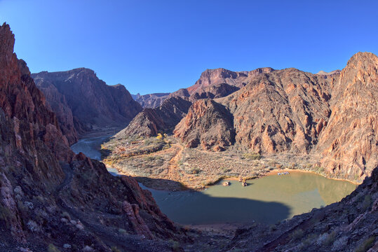 An overlook along South Kaibab Trail in Grand Canyon Arizona that looks down at Phantom Ranch.