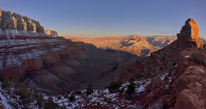 Sunrise view from Cedar Ridge along the South Kaibab Trail at Grand Canyon Arizona in winter. Mather Point is on the upper left with Pipe Creek Canyon below it, and O'Neill Butte is on the right.