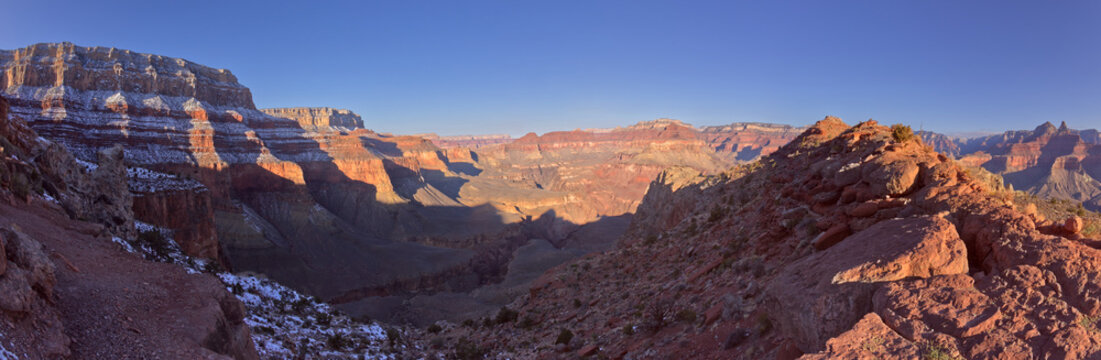 Morning view from Lower O'Neill Butte along the South Kaibab Trail at Grand Canyon Arizona in winter. Pipe Creek Canyon is on the lower left and Skeleton Point is beyond the ridge.