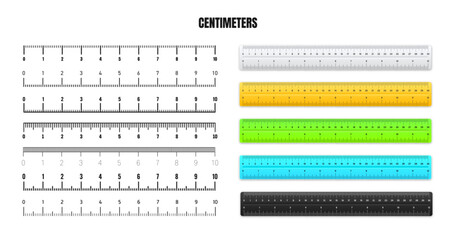 Realistic metal rulers with black centimeter scale for measuring length or height. Various measurement scales with divisions. Ruler, tape measure marks, size indicators. Vector illustration