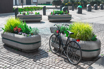 Bicycle parked in a flower pot on the street of a European city