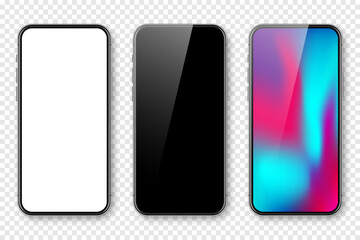 Smartphone with blank touch screen and abstract colorful background, wallpaper. Frameless mobile phone in front view. High quality detailed device mockup. Vector illustration