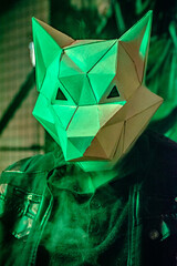 wolf costume. creative lighting with costume. wolf papercraft. wolf head mask. man in the night with neon light and animal shell