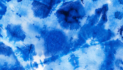 Blue Splatters Textile Background .Tie Dye Painting Art. Craft Messy Background. Indigo Frame Textile Background .Hand Drawing Paint. Aquarelle Wet Wash. Ink Spray