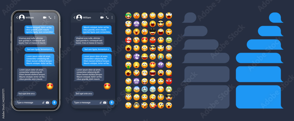 Wall mural smartphone messaging app, user interface with emoji. sms text frame. chat screen, blue message bubbl