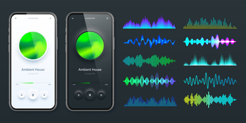 Online audio player user interface, smartphone app UI design. Music, media streaming and listening platform. Responsive mobile application. Neumorphism. Various sound waves. Vector illustration © 32 pixels