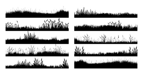 Meadow silhouettes with grass, plants on plain. Panoramic summer lawn landscape with herbs, various weeds. Herbal border, frame element. Black horizontal banners. Vector illustration