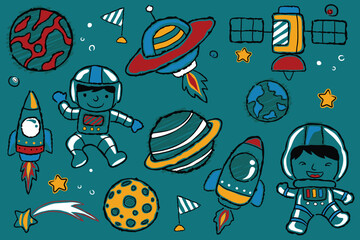 Vector set of space elements cartoon with little astronaut in hand drawn styles