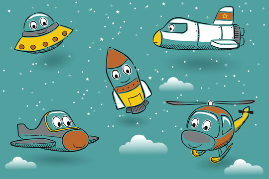 vector set of funny air transportation cartoon with spacecraft