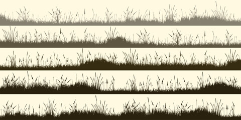 Meadow silhouettes with grass, plants on plain. Panoramic summer lawn landscape with herbs, various weeds. Herbal border, frame element. Brown horizontal banners. Vector illustration © 32 pixels