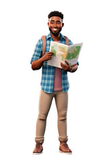 Full body shot of happy young African American man holding map. 3D cartoon character on isolated transparent background