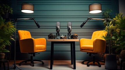 a close up of a microphones on a desk in a cozy modern podcast studio room with cameras, gadgets a laptop pc and other devices. Generative AI	
