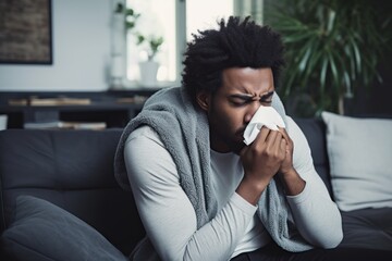 a handsome black african american sick man blowing his nose and coughing. ill with cold and angina flu. took day off and sits on bed couch at home. Generative AI