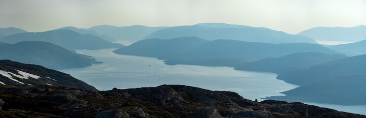 Panorama over Ranfjorden going west from Hauknestinden, 800 m altitude. Peak of Hauknes, Mo i Rana....