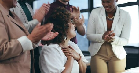 Applause, success and business woman for financial bonus, agency goals and sales celebration in office support. Marketing group, winner and people clapping, wow and excited for job news or promotion