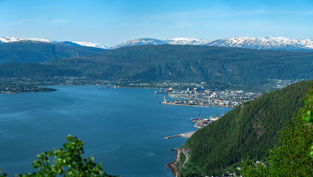 Panorama over Mo i Rana, Helgeland, Norway from Hauknestinden, 800 meters over sea level at Hauknes, next to Ranfjorden. Rana port with Rana gruber inbetween the norwegian mountains during summer