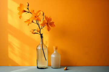 Floral orange close beauty yellow plant vase decor flowers nature background wooden