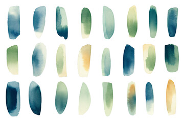 Set of pastel green watercolor brush strokes on isolated transparent background