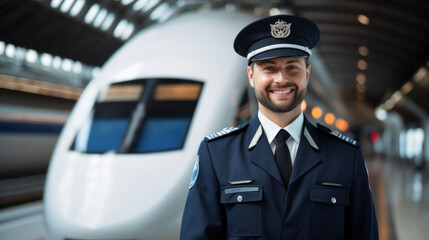Train driver posing in front of high speed train. Subway train