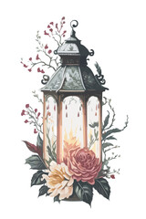 Watercolor lantern with candle and holiday decor. Hand painted traditional lantern with rose and plant isolated on white background. For design or print © Panda design