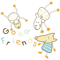 Friendly farm animal faces. Resembling a sheep, rabbit, goat, cows, pig, goat and chickens.