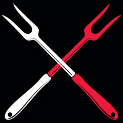 Food logo. Logo for cooking class with icons bbq tools, grill fork, spatula, text typography cooking school, master class. Graphic logo template for cooking course. Illustration