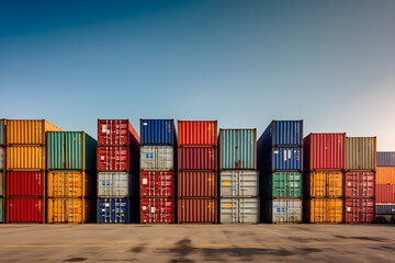 Fototapeta premium stacked cargo containers in storage area of freight sea port terminal