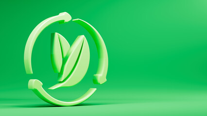 Recycling symbol and leaves to represent ecological awareness, 3d illustration