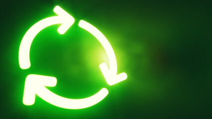 Luminous recycling and cycle symbol green color with sparkles, technology theme, 3d illustration