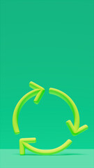 3d illustration of green recycle symbol on green stage, environmental theme