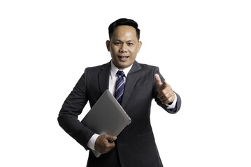 Business man in suit, holding laptop, showing joy gesture, success, businessman concept
