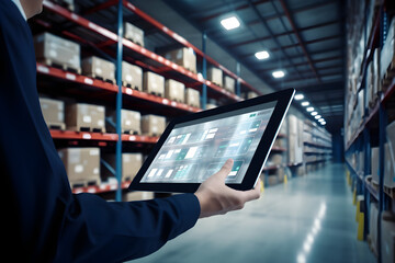 smart warehouse inventory management system concept manager using digital tablet showing warehouse software management dashboard on blurred warehouse as background