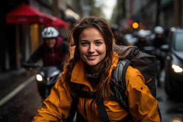 A food delivery woman riding a bike with a backpack full of food containers, wearing a bright yellow delivery uniform, and a reflective vest. Generative AI