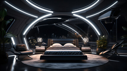 Interior of a cozy modern futuristic luxus bedroom - created with AI 