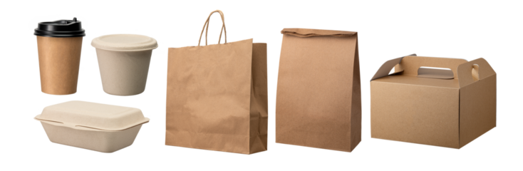 デリバリー、持ち帰り用の色々な食品容器と紙袋