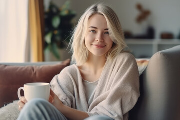 Obraz premium Young woman sitting on the couch in comfortable clothes looking directly at the camera. Generative AI