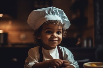 Cute Smiling Child dressed as Chef in Kitchen. Generative Ai