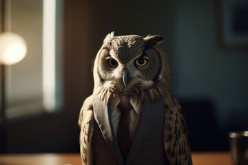 Anthropomorphic owl dressed in a suit like a businessman. Business Concept. AI generated, human enhanced