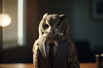 Fotobehang Uiltjes Anthropomorphic owl dressed in a suit like a businessman. Business Concept. AI generated, human enhanced
