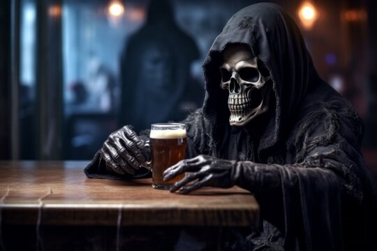 The image of Death or Grim reaper in a bar over a glass of beer. Halloween concept. Background with selective focus