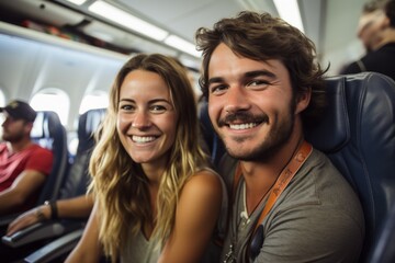 A man on a plane with a woman. Background with selective focus and copy space