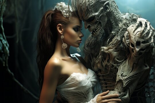A beautiful woman and a monster zombie man. Halloween concept. Background with selective focus and copy space