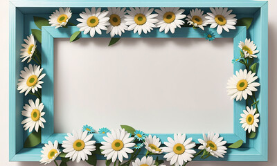 Frame with daisies on white background, top view. Space for text. Generative AI