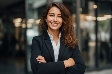 Naklejka premium Attractive german business woman smiling in suit jacket with leader attitude. business success concept. feminine power. AI generated image