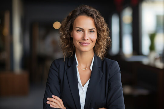 Attractive german business woman smiling in suit jacket with leader attitude. business success concept. feminine power. AI generated image